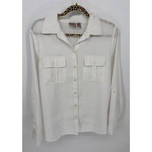 Chicos Womens White Button-Up Adjustable Long Sleeve Collared Blouse